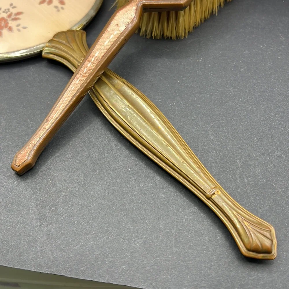 Vintage vanity flower mirror and brush set